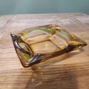 1960s MCM Heavy Square Amber Glass Cigar Cigarette Ashtray Vintage 5"